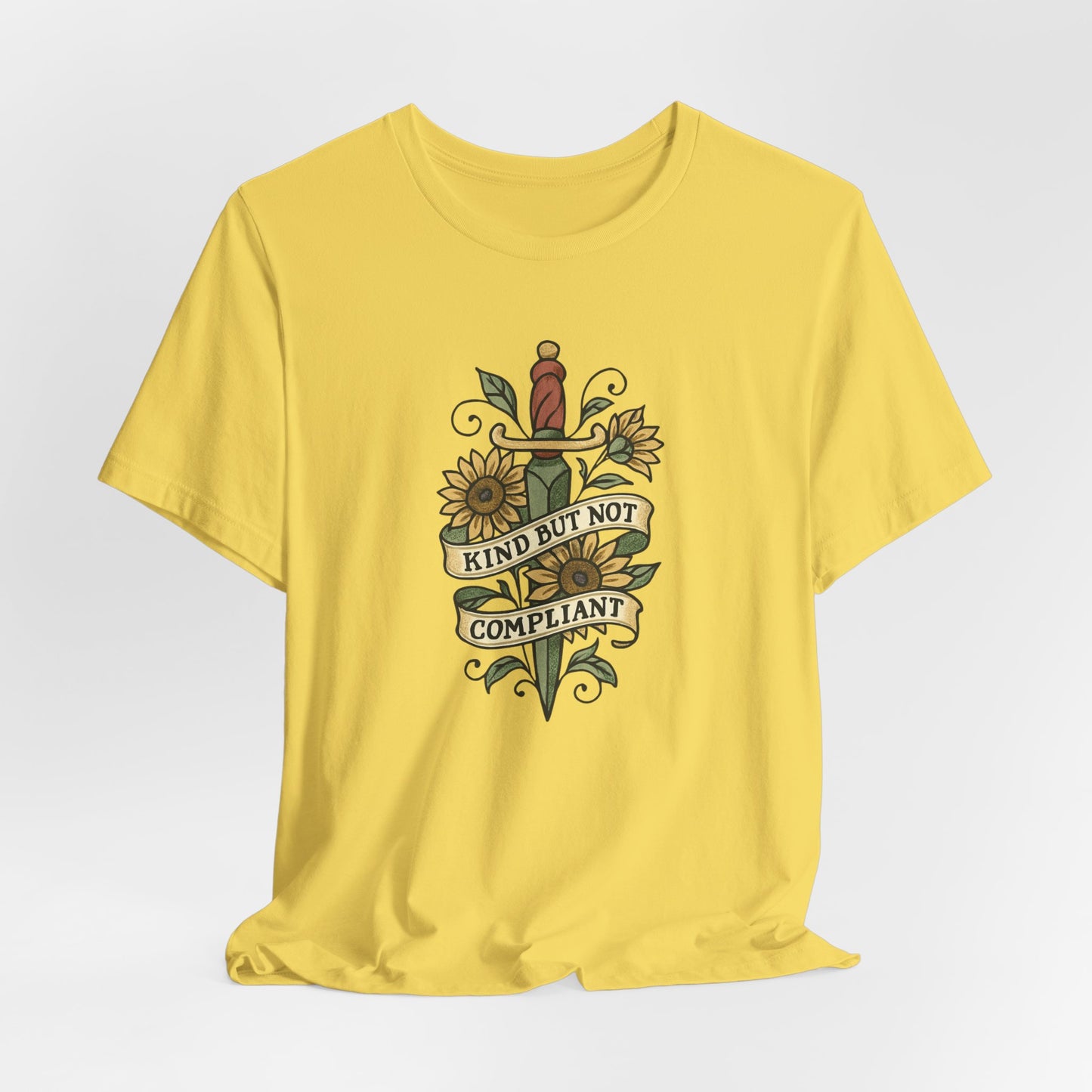 Kind But Not Compliant T-Shirt – Feminine Power Sword & Sunflowers Tattoo-Style Tee
