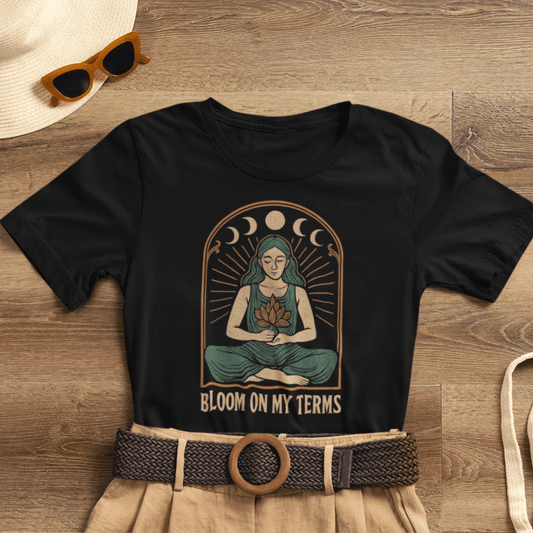 Bloom On My Terms T-Shirt – Feminine Moon Phases Graphic Tee, Self Growth Boho Shirt, Empowering Goddess Top - Spirit Stitch