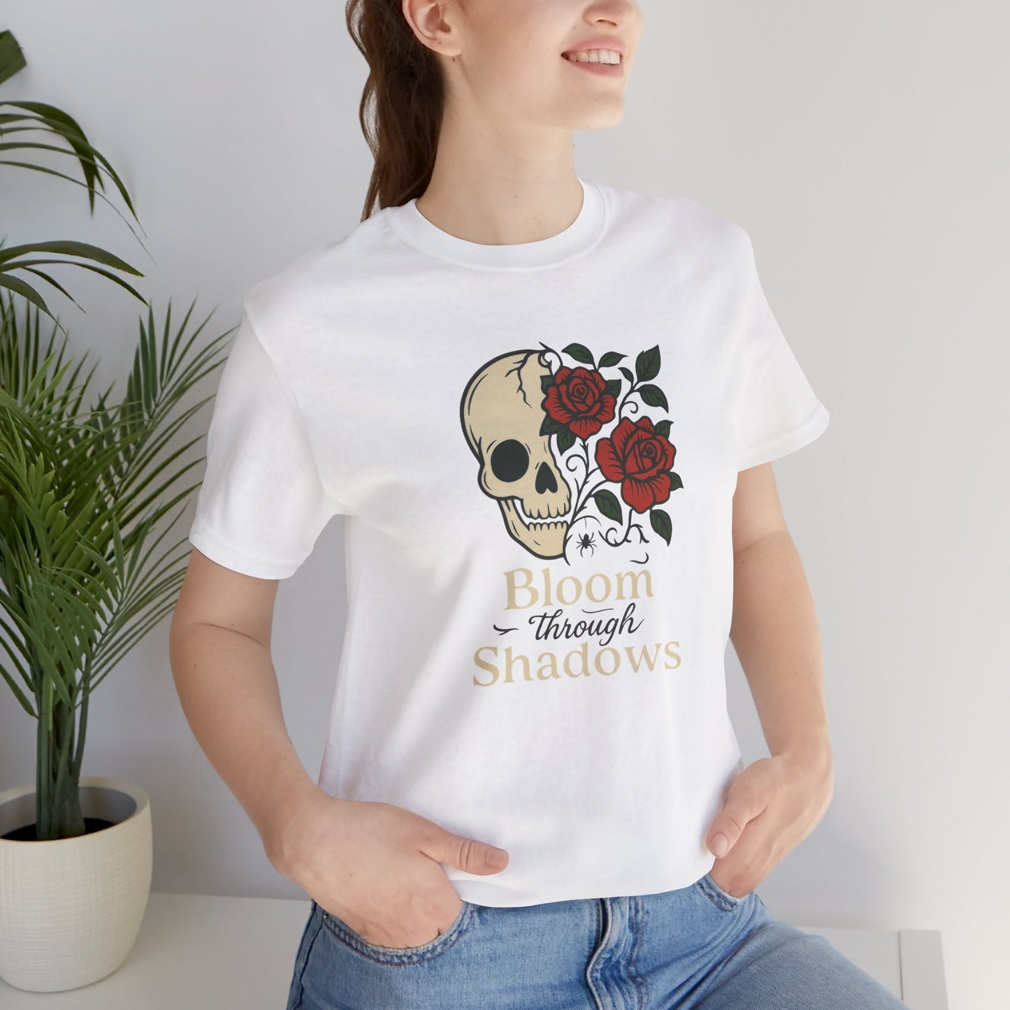 Bloom Through Shadows T-Shirt – Gothic Skull with Roses Empowerment Tee - Spirit Stitch