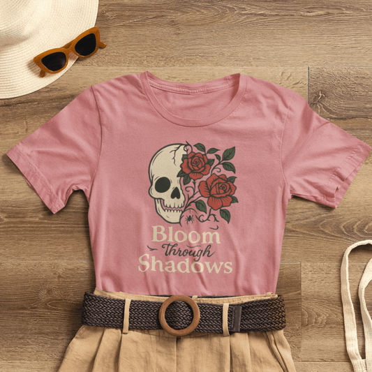 Bloom Through Shadows T-Shirt – Gothic Skull with Roses Empowerment Tee - Spirit Stitch