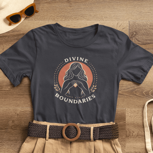 Divine Boundaries T-Shirt by Printify featuring a feminine empowerment graphic design on a casual tee.