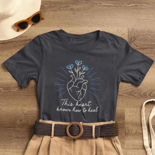 Healing Heart Tee – Radiant Blue Heart & Florals on Black | Spirit Stitch - Spirit Stitch