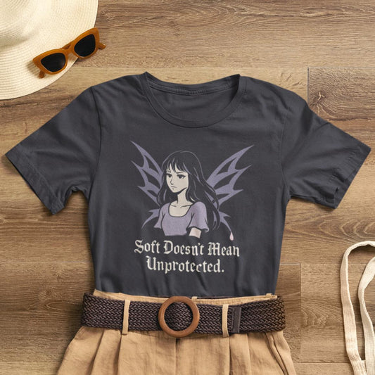 Soft Doesn’t Mean Unprotected – Goth Anime Dark Winged Guardian T-Shirt - Spirit Stitch