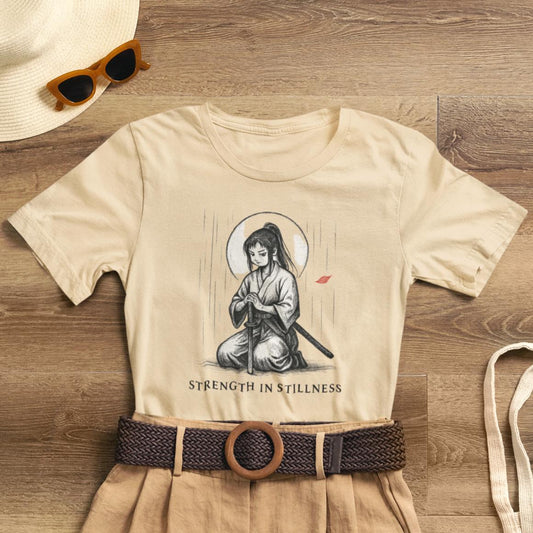 Strength in Stillness – Samurai Girl Meditation T-Shirt, Soft Warrior Graphic Tee, Anime Zen Art Shirt - Spirit Stitch