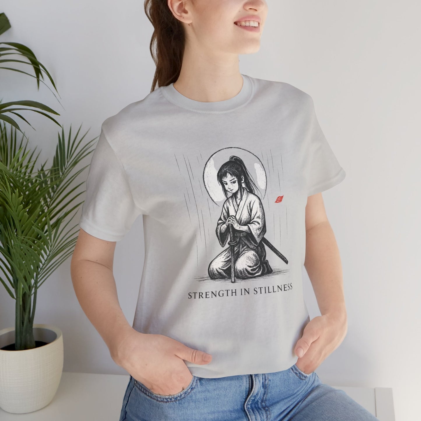 Strength in Stillness – Samurai Girl Meditation T-Shirt, Soft Warrior Graphic Tee, Anime Zen Art Shirt - Spirit Stitch