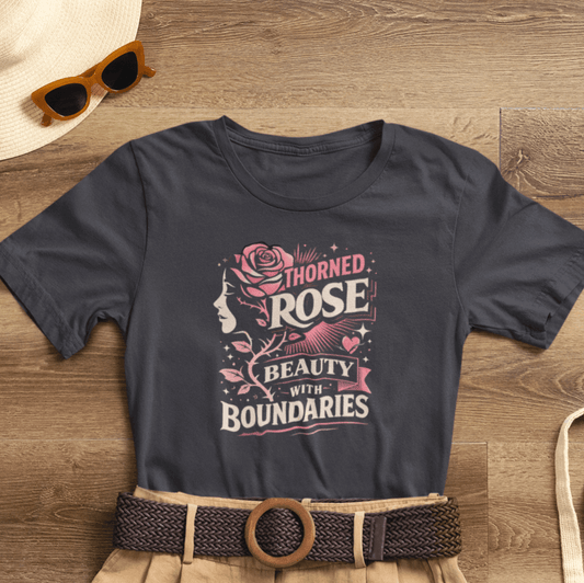 Thorned rose graphic on a Beauty With Boundaries T-Shirt, symbolizing feminine empowerment and personal growth.