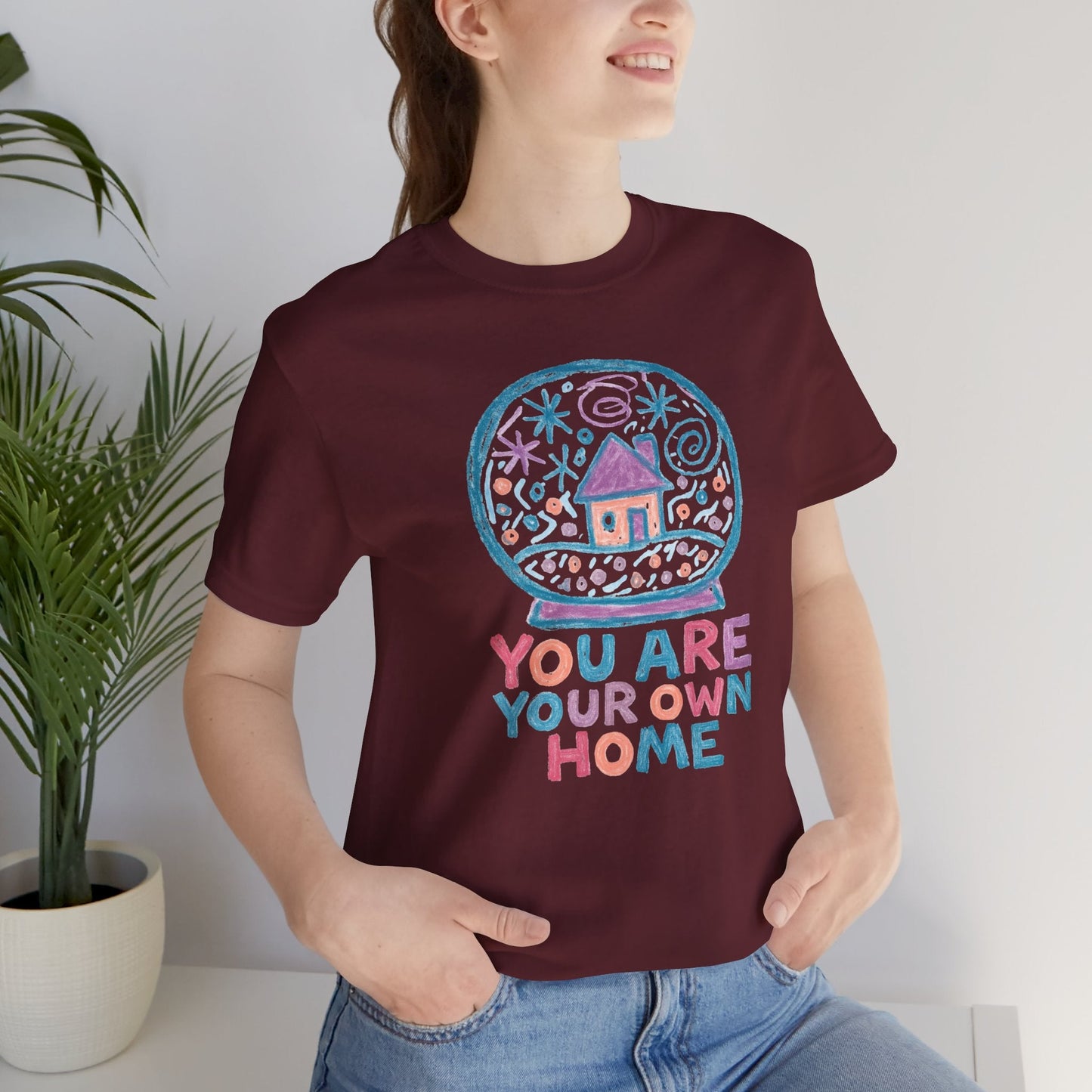 You Are Your Own Home Shirt – Snow Globe Pastel Cottage Tee, Cozy Whimsical Doodle Design, Self - Spirit Stitch