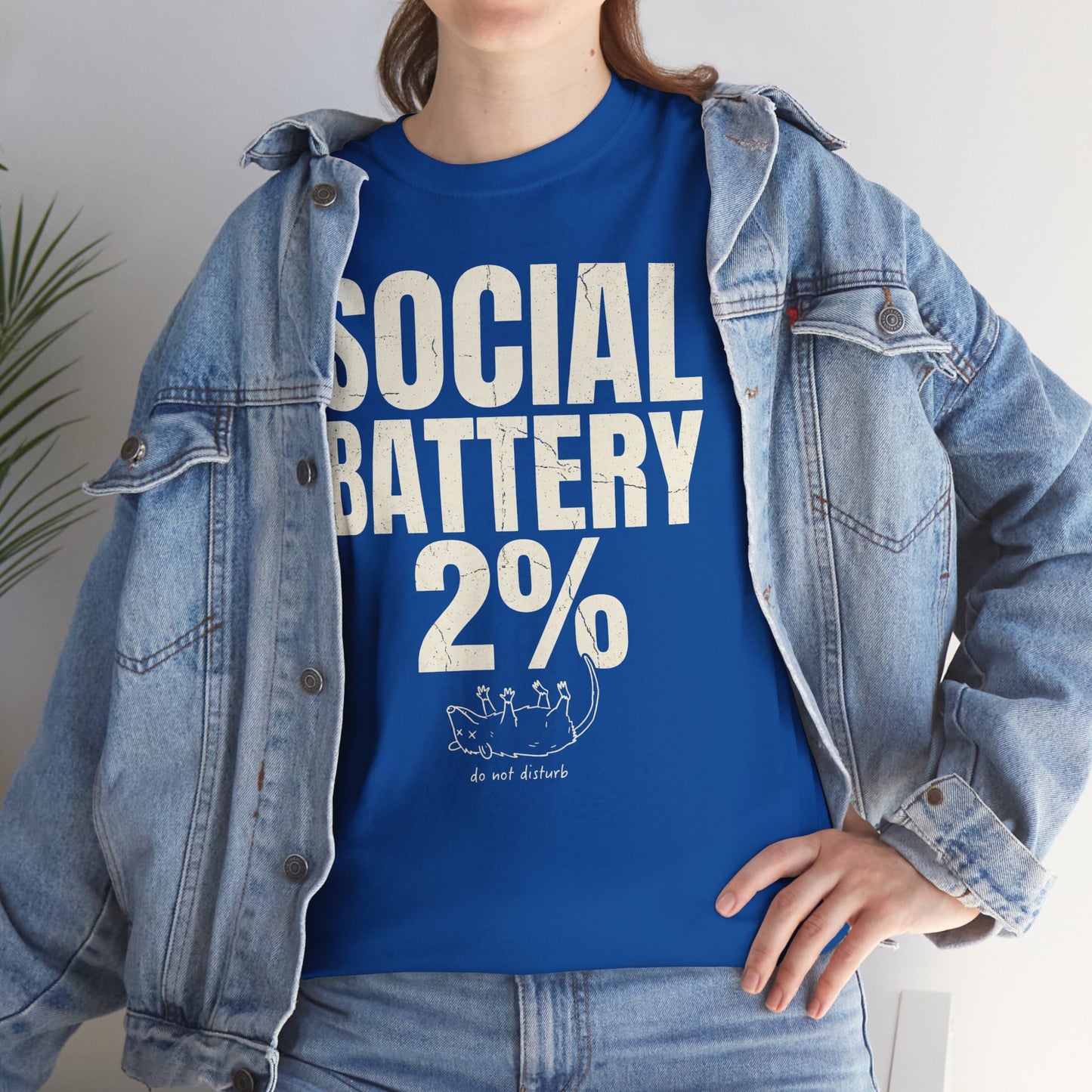 Social Battery 2% Funny Introvert T-Shirt by Printify featuring a humorous introvert design on a casual cotton t-shirt.