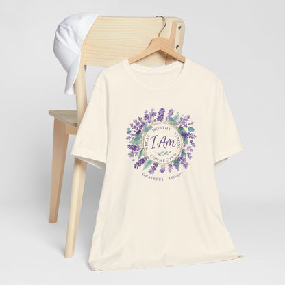 I Am Affirmation T-Shirt – Lavender Wreath Self-Love Tee