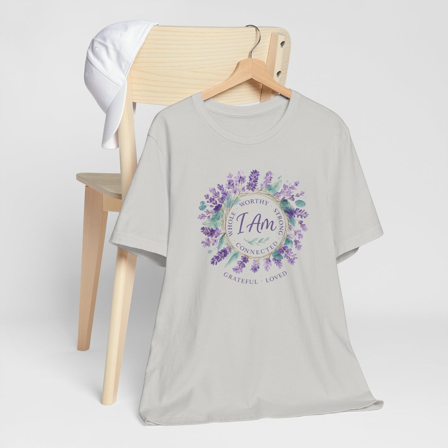 I Am Affirmation T-Shirt – Lavender Wreath Self-Love Tee