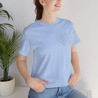 Cosmic Heart Pocket Tee – Minimalist Moon & Stars Graphic T-Shirt | Unisex Spiritual Gift Top