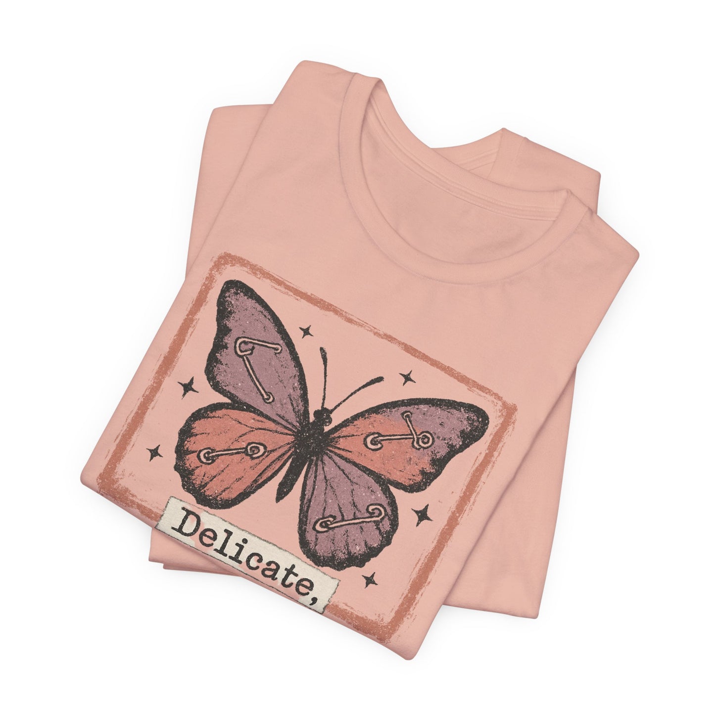 Delicate Not Breakable Butterfly Pocket Tee – Minimalist Affirmation T-Shirt, Self Love & Resilience Quote Shirt
