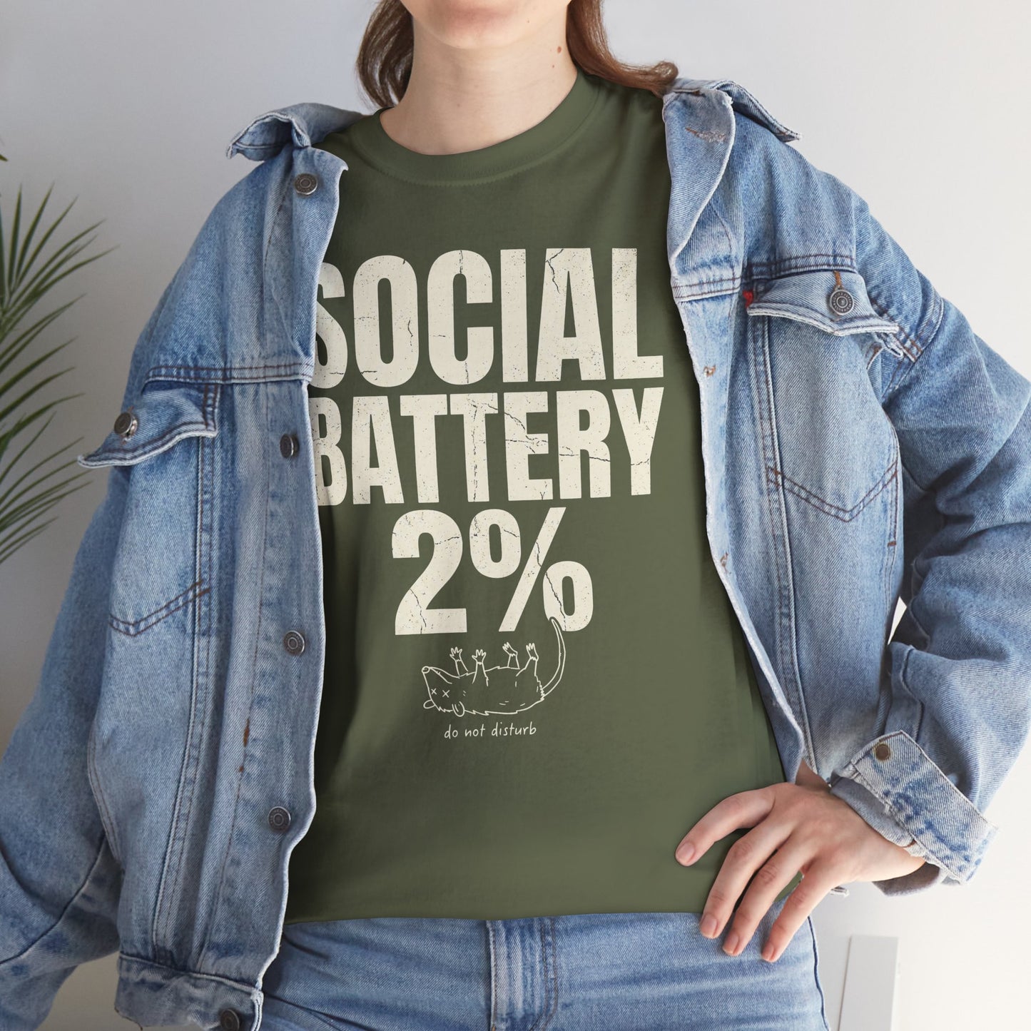 Black Social Battery 2% funny introvert T-shirt by Printify featuring a humorous introvert graphic on soft cotton fabric.