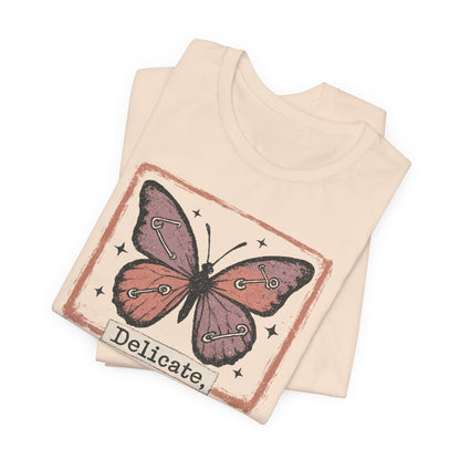 Delicate Not Breakable Butterfly Pocket Tee – Minimalist Affirmation T-Shirt, Self Love & Resilience Quote Shirt