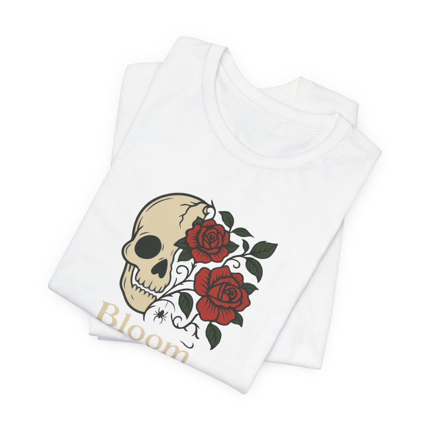 Bloom Through Shadows T-Shirt – Gothic Skull with Roses Empowerment Tee