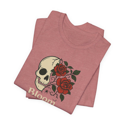 Bloom Through Shadows T-Shirt – Gothic Skull with Roses Empowerment Tee
