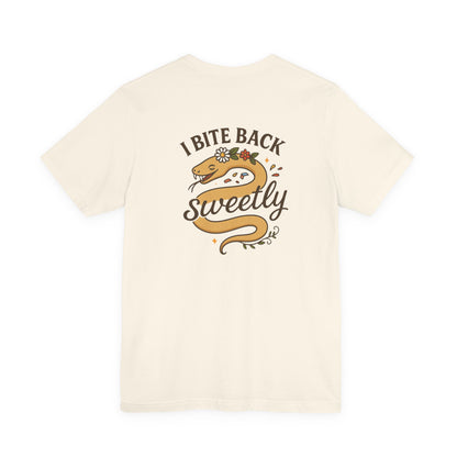 “I Bite Back Sweetly” Floral Snake Shirt – Front & Back Baby Blue Tee with Vintage Garden Print