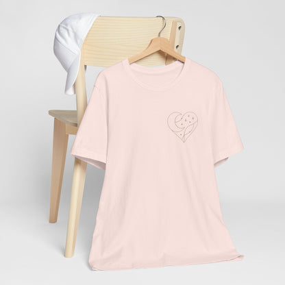 Cosmic Heart Pocket Tee – Minimalist Moon & Stars Graphic T-Shirt | Unisex Spiritual Gift Top