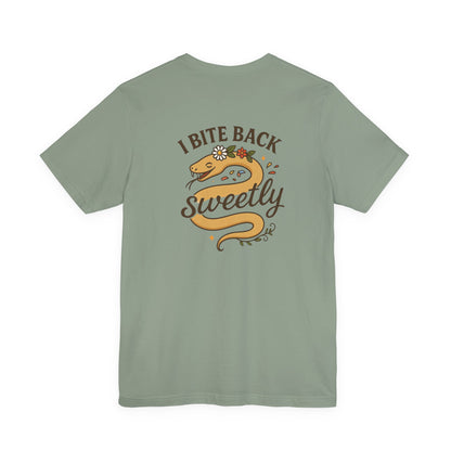 “I Bite Back Sweetly” Floral Snake Shirt – Front & Back Baby Blue Tee with Vintage Garden Print