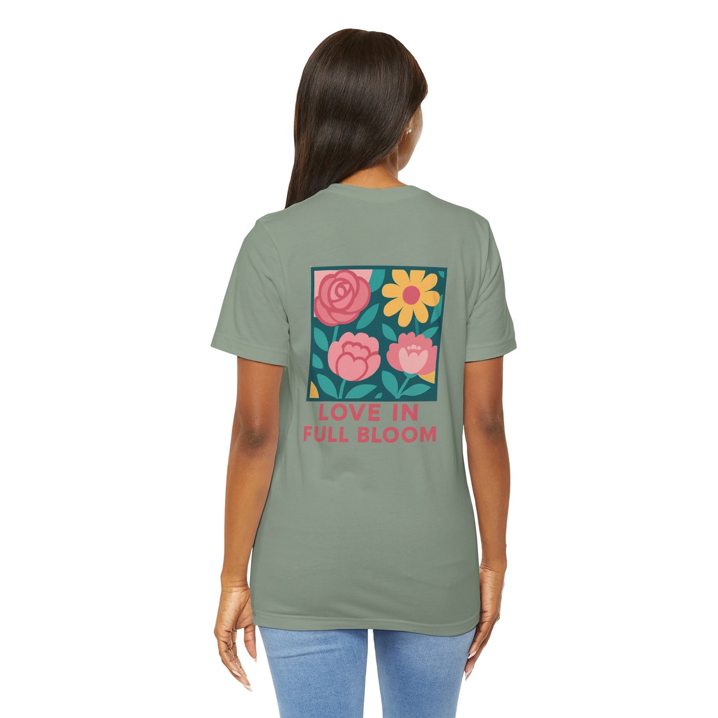 Love in Full Bloom T-Shirt – Retro Floral Graphic Tee with Front Rose & Back Flower Design – Positive Vibes Shirt