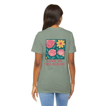 Love in Full Bloom T-Shirt – Retro Floral Graphic Tee with Front Rose & Back Flower Design – Positive Vibes Shirt