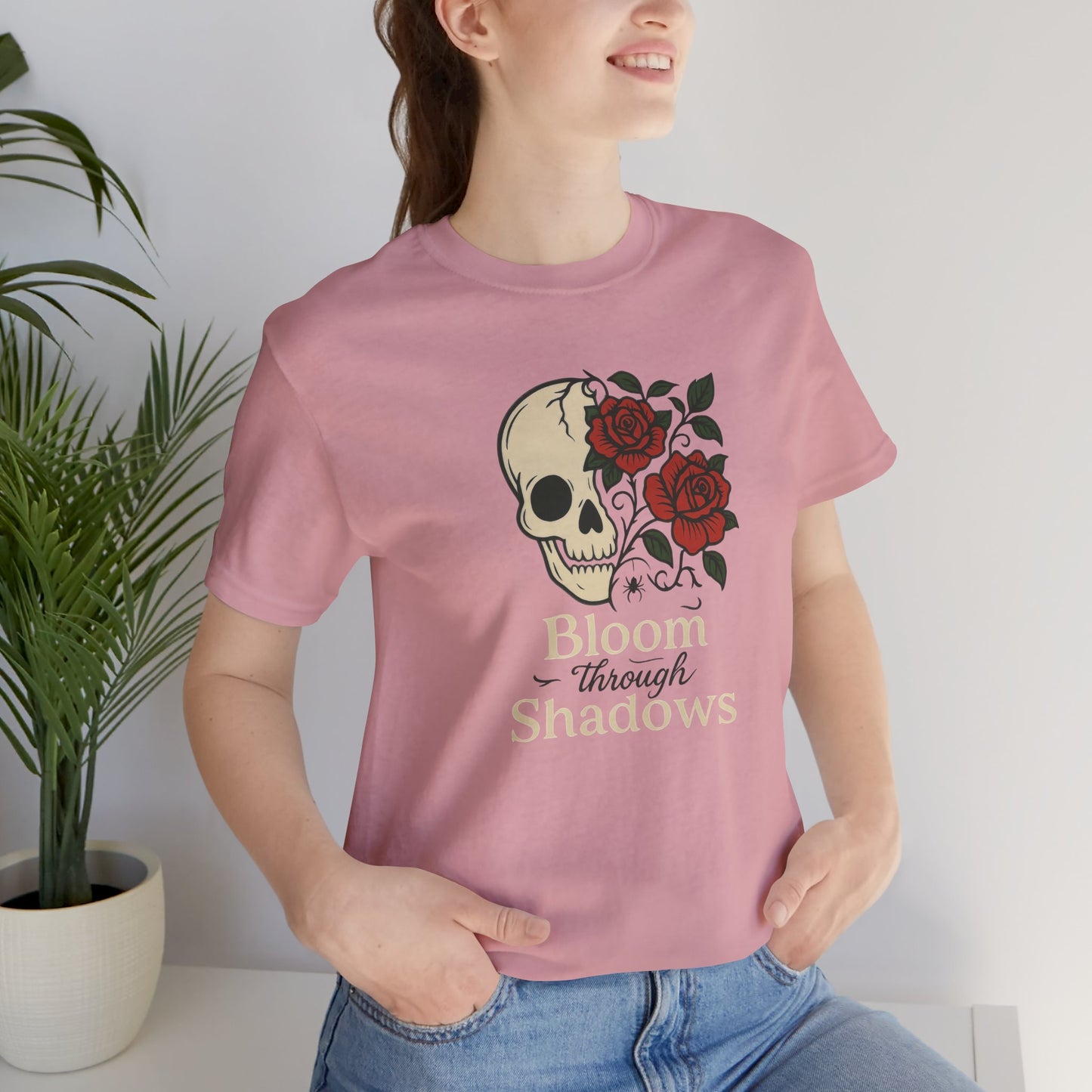 Bloom Through Shadows T-Shirt – Gothic Skull with Roses Empowerment Tee