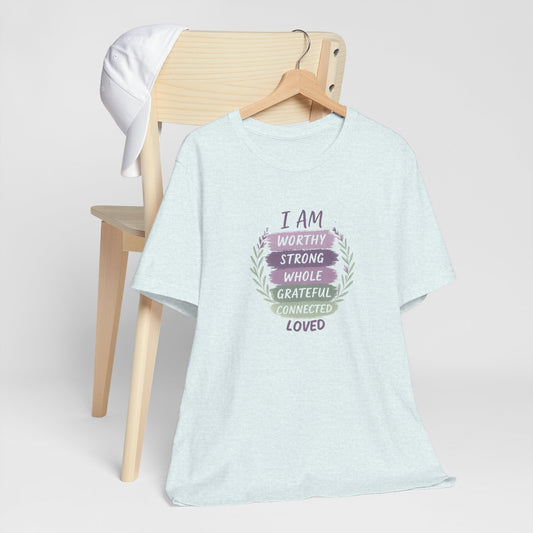 Mental Health Affirmation Tee – Empowering “I Am” Quote Shirt with Leaves
