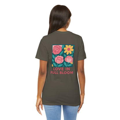Love in Full Bloom T-Shirt – Retro Floral Graphic Tee with Front Rose & Back Flower Design – Positive Vibes Shirt