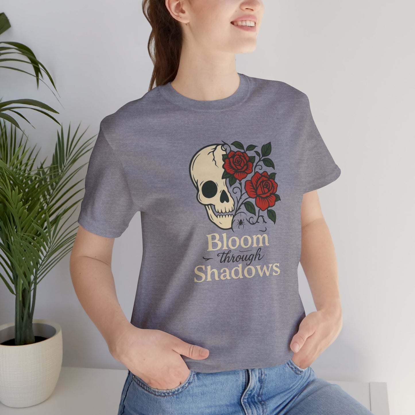 Bloom Through Shadows T-Shirt – Gothic Skull with Roses Empowerment Tee