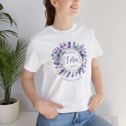 I Am Affirmation T-Shirt – Lavender Wreath Self-Love Tee