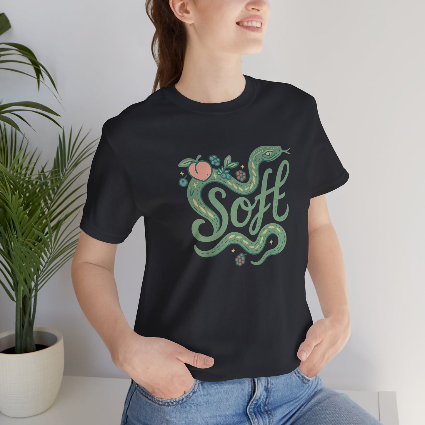 Soft Snake Graphic Tee – Mystical Nature-Inspired Unisex Shirt, Botanical Serpent Design, Whimsical Eco Aesthetic