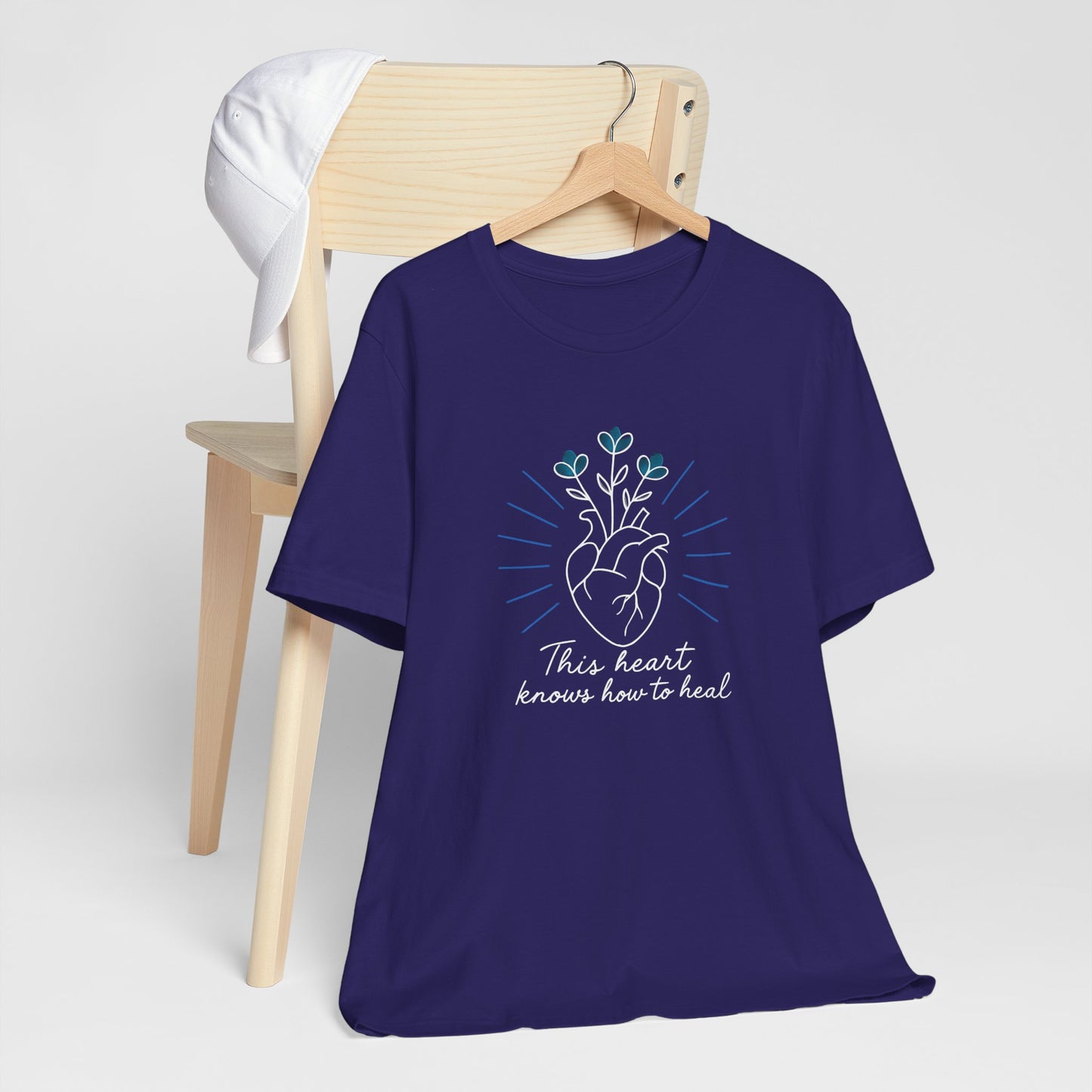 Healing Heart Tee – Radiant Blue Heart & Florals on Black | Spirit Stitch