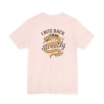 “I Bite Back Sweetly” Floral Snake Shirt – Front & Back Baby Blue Tee with Vintage Garden Print