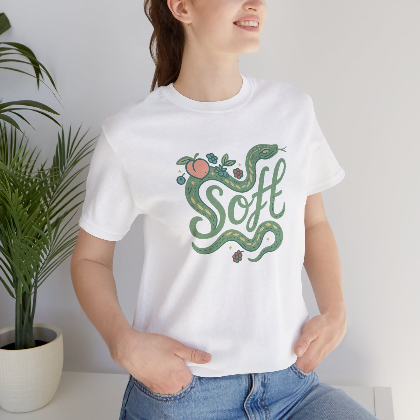Soft Snake Graphic Tee – Mystical Nature-Inspired Unisex Shirt, Botanical Serpent Design, Whimsical Eco Aesthetic