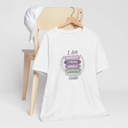 Mental Health Affirmation Tee – Empowering “I Am” Quote Shirt with Leaves