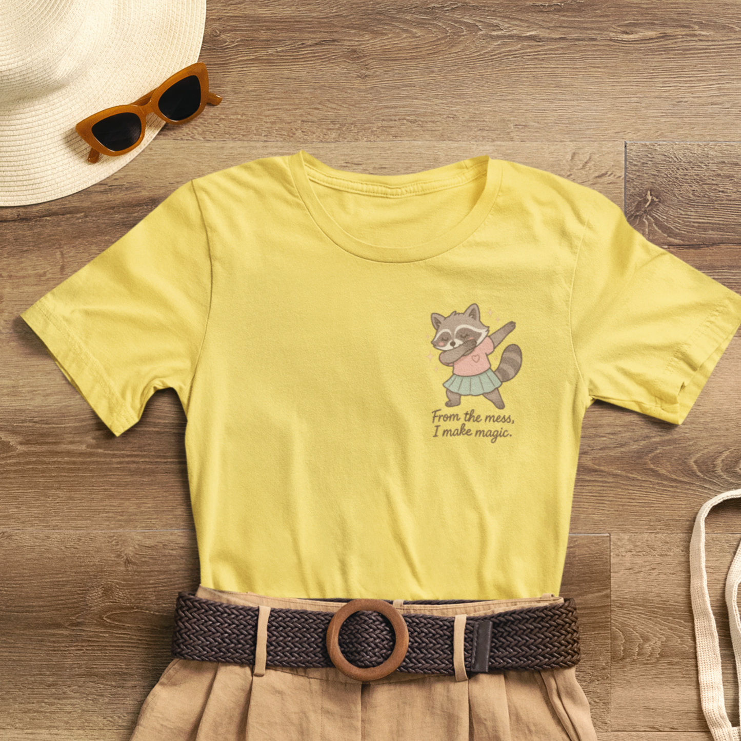 From the Mess I Make Magic Shirt – Cute Raccoon Pocket Tee | Positive Affirmation Animal Graphic T-Shirt