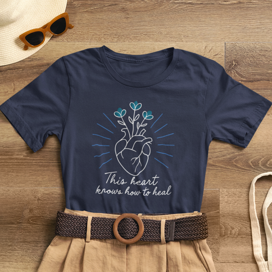 Healing Heart Tee – Radiant Blue Heart & Florals on Black | Spirit Stitch