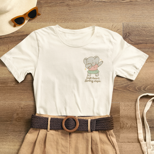 Soft Heart Strong Steps T-Shirt – Gentle Elephant Motivational Tee