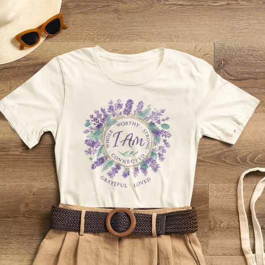 I Am Affirmation T-Shirt – Lavender Wreath Self-Love Tee