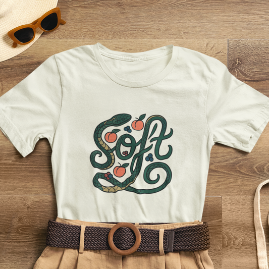 Soft Snake Typography T-Shirt – Serpent & Peach Swirl Design for Nature & Art Lovers