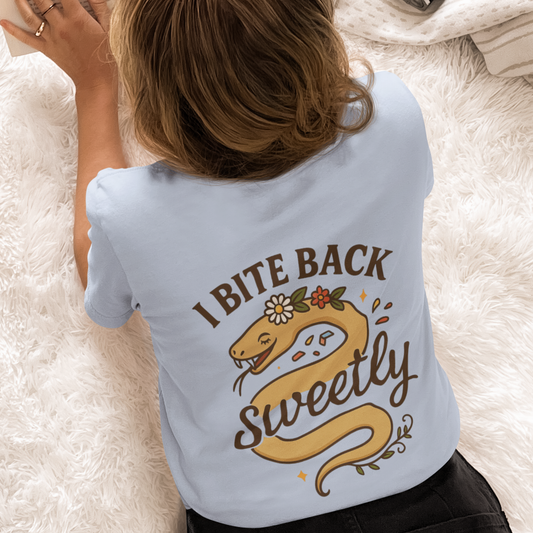 I Bite Back Sweetly Shirt – Front & Back Floral Graphic Tee with Sassy Quote