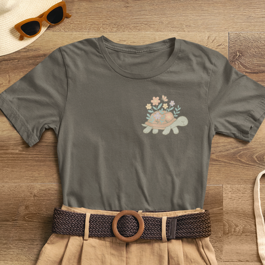 Slow is a Superpower Turtle T-Shirt – Whimsical Front & Back Floral Graphic Tee