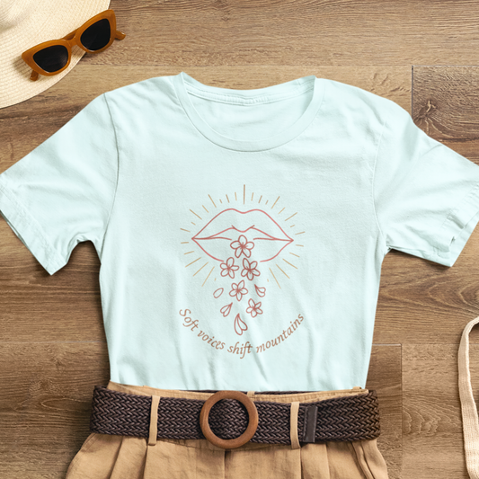 Soft Voices Shift Mountains – Minimalist Lips & Floral Empowerment T-Shirt
