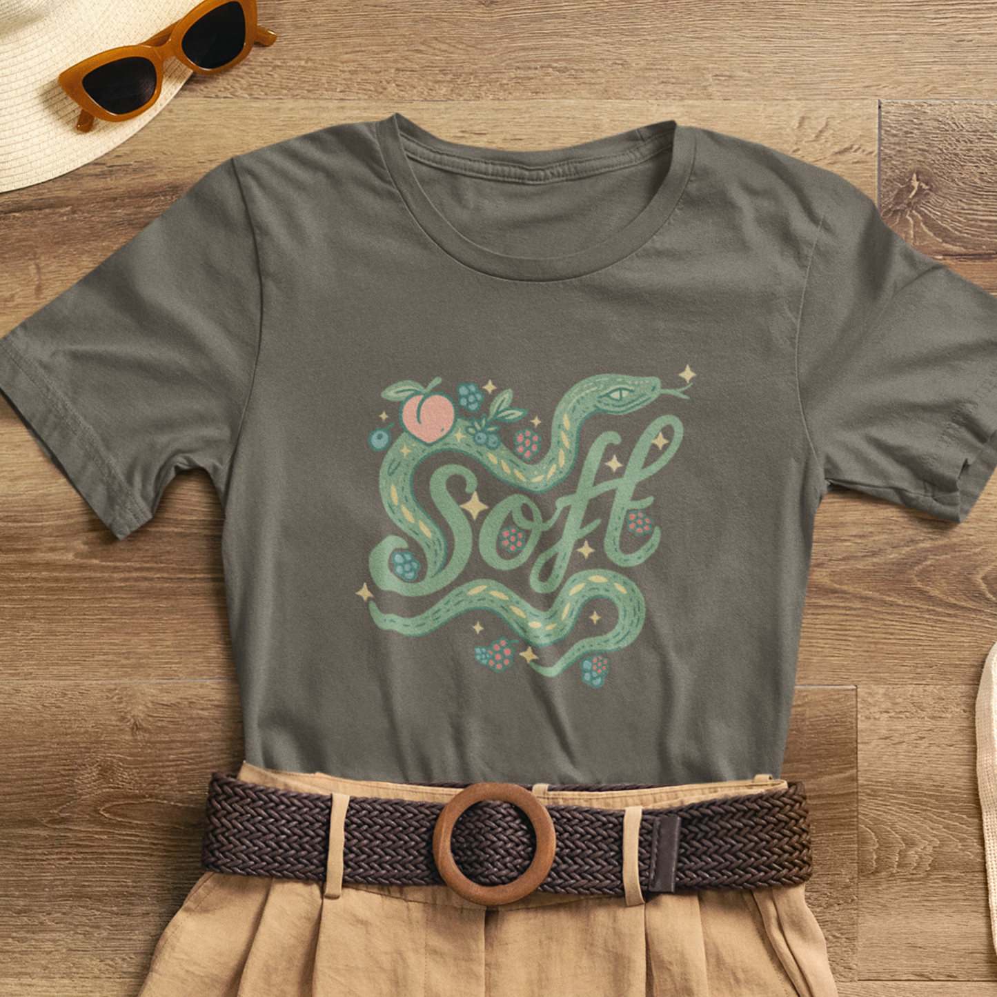Soft Snake Graphic Tee – Mystical Nature-Inspired Unisex Shirt, Botanical Serpent Design, Whimsical Eco Aesthetic