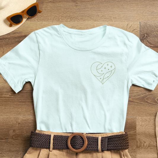 Cosmic Heart Pocket Tee – Minimalist Moon & Stars Graphic T-Shirt | Unisex Spiritual Gift Top