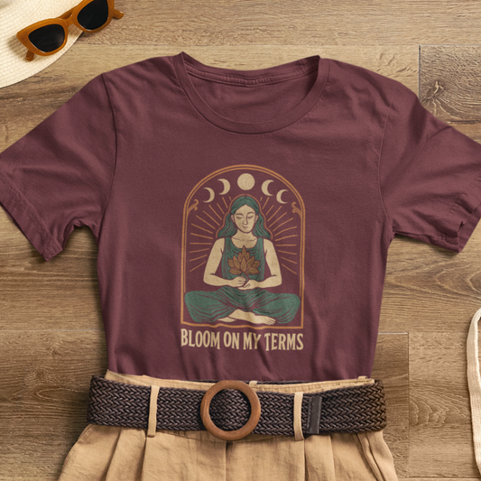 Bloom On My Terms T-Shirt – Feminine Moon Phases Graphic Tee, Self Growth Boho Shirt, Empowering Goddess Top