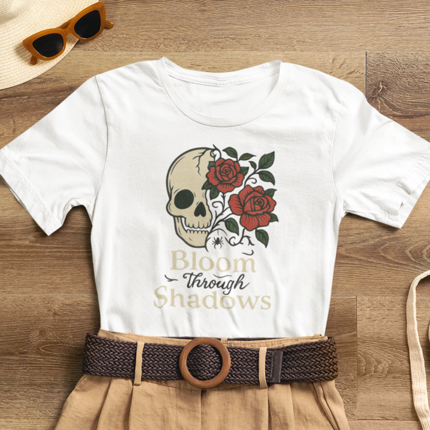 Bloom Through Shadows T-Shirt – Gothic Skull with Roses Empowerment Tee