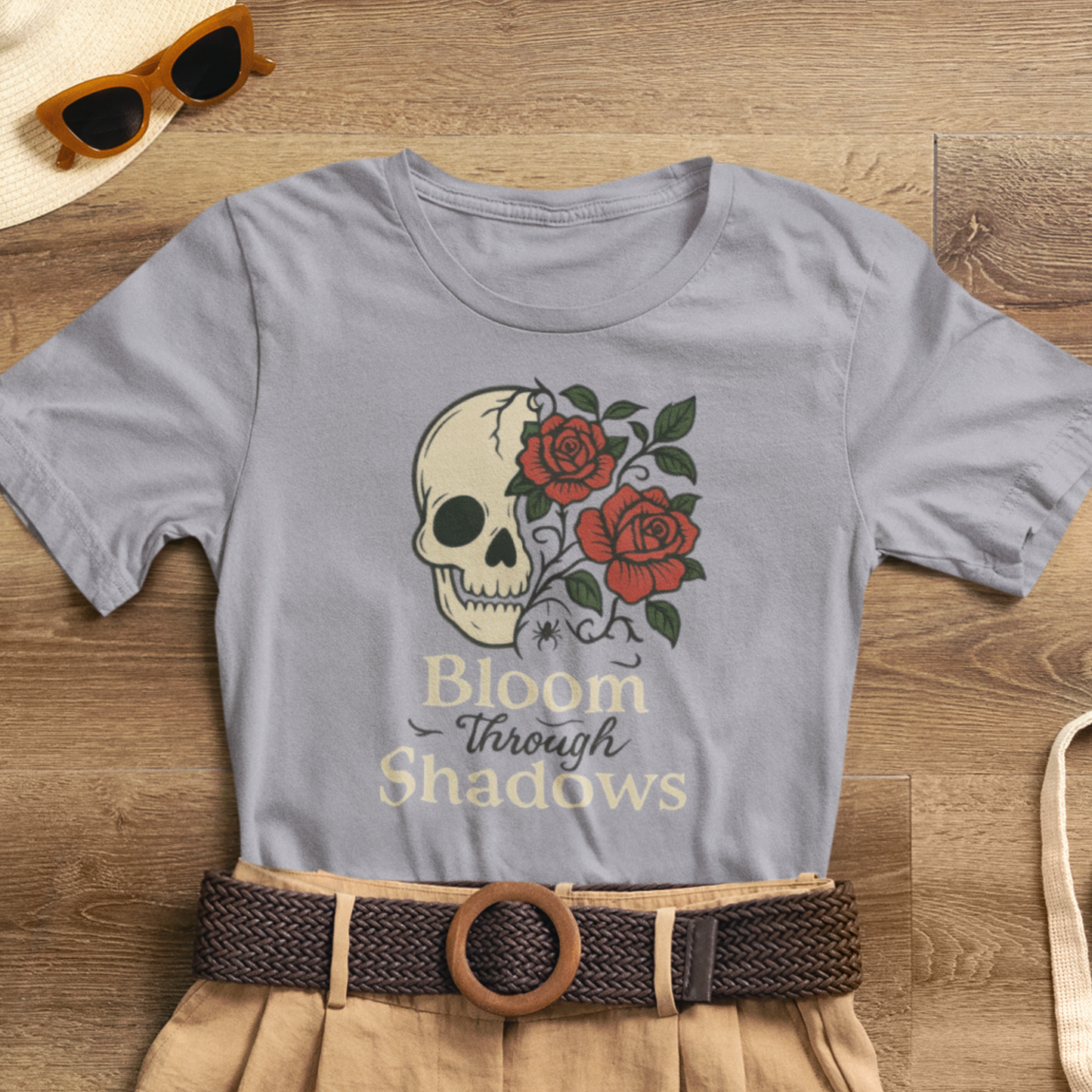 Bloom Through Shadows T-Shirt – Gothic Skull with Roses Empowerment Tee