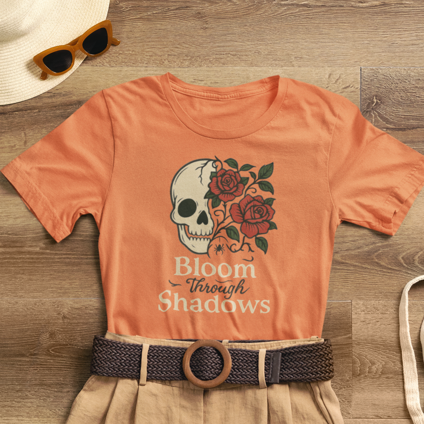 Bloom Through Shadows T-Shirt – Gothic Skull with Roses Empowerment Tee