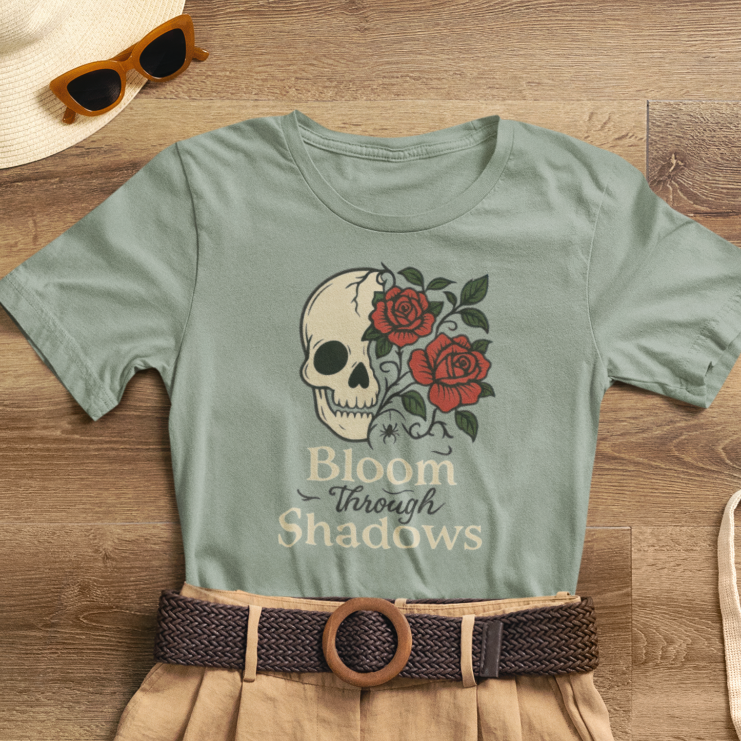 Bloom Through Shadows T-Shirt – Gothic Skull with Roses Empowerment Tee